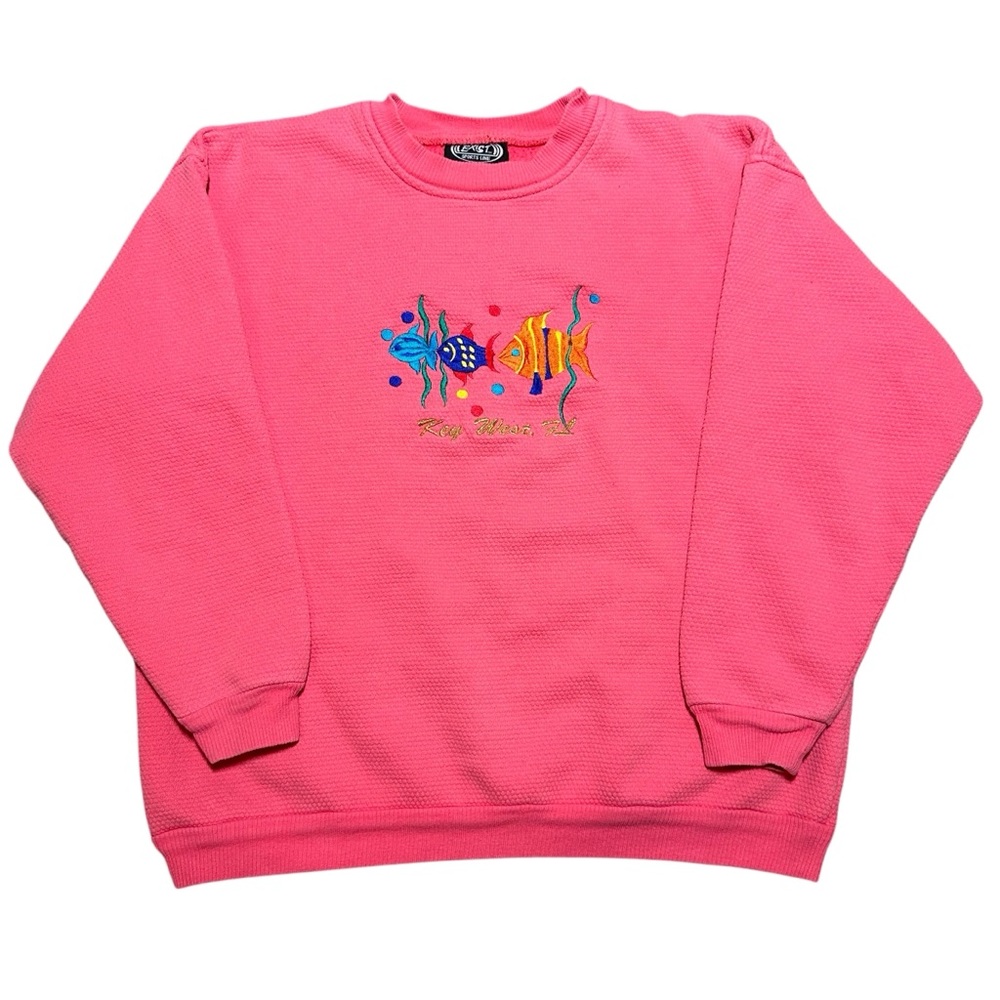 Vintage Pink Embroidered Tropical Fish Key West FL Florida Sweatshirt, Medium